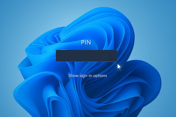 Windows 11 login screen prompting for PIN on a blue abstract wallpaper.
