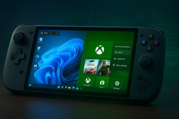 A handheld gaming console displaying Windows on the left and Xbox UI on the right.