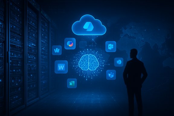 A person stands before a glowing brain network and cloud icons in a blue data center.