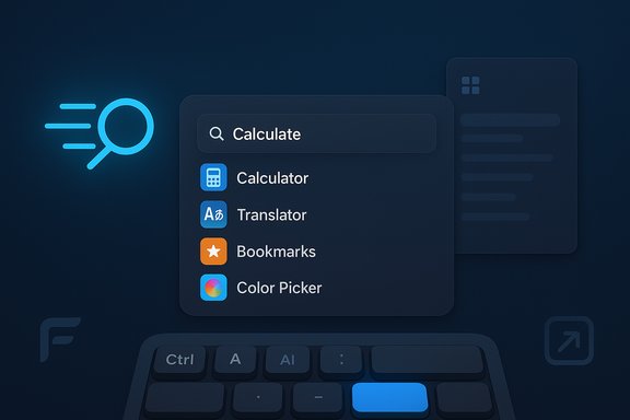 Spotlight-style search panel listing Calculator, Translator, Bookmarks, and Color Picker.