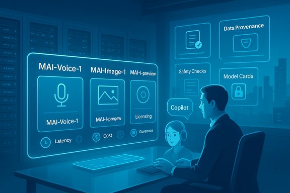 A futuristic control room with holographic AI dashboards displaying MAI modules such as Voice, Image, Licensing, and Safety.