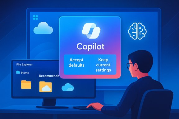 Person at a computer sees Copilot prompt: Accept defaults or keep current settings.