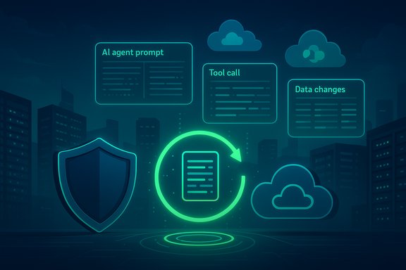 Neon AI workflow with prompts, tool calls, and data changes over a futuristic cityscape.