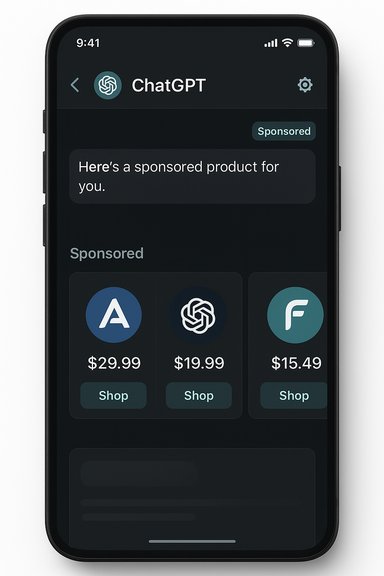 Dark-themed ChatGPT app on iPhone shows a Sponsored banner and three product deals.