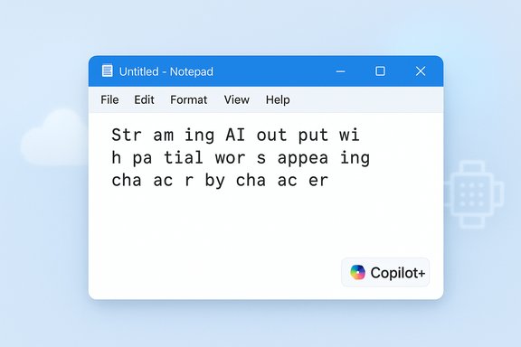 A Windows Notepad window on a blue background shows garbled AI text with spaced letters and a Copilot+ badge.
