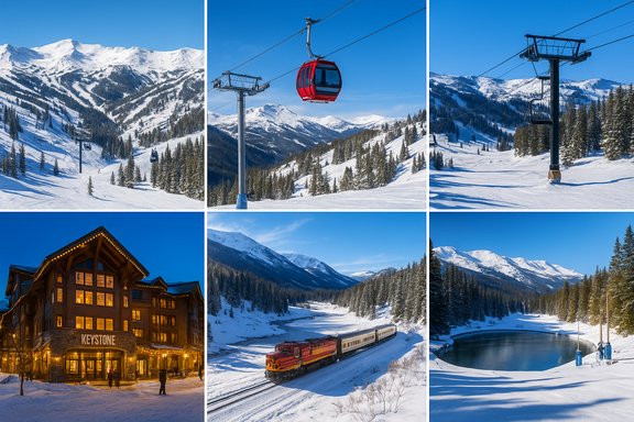 Snowy Keystone resort with mountains, a gondola, ski lifts, a lit lodge, a train, and a frozen lake. Snowy Keystone resort with mountains, a gondola, ski lifts, a lit lodge, a train, and a frozen lake.