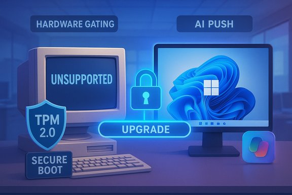 An old PC shows UNSUPPORTED while upgrading to Windows with TPM 2.0 and Secure Boot.