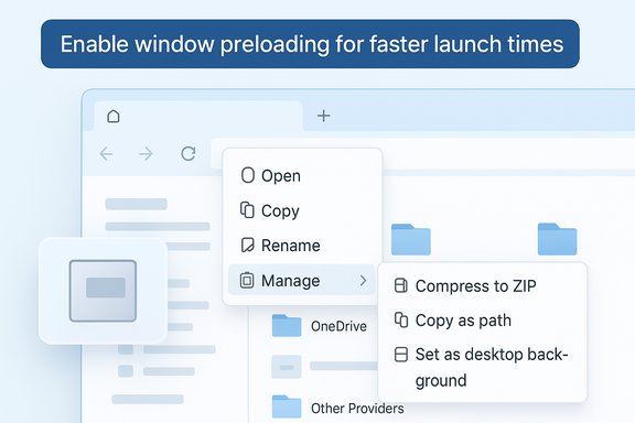 Concept UI showing preloading to speed up window launches in a file-manager interface.