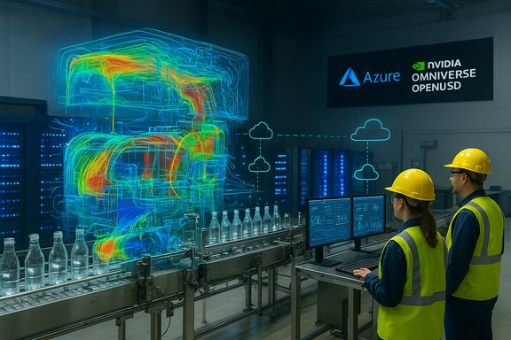 Two workers in hard hats monitor a holographic, color-coded 3D model of a machine on a production line.
