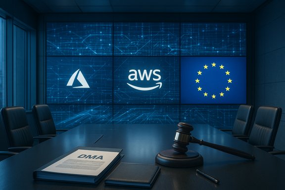 conference room with a gavel, DMA document, and screens showing AWS, a triangle logo, and the EU flag.