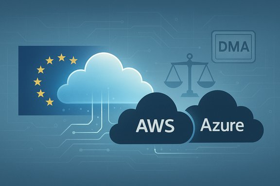 EU cloud regulation concept with AWS and Azure clouds, DMA tag, and scales of justice.
