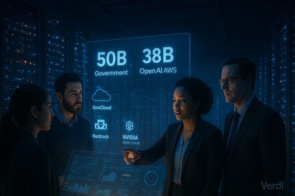 Analysts in a data center review government and OpenAI cloud projects on a holographic display.