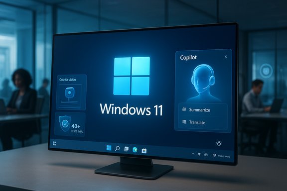 Windows 11 desktop on a monitor with Copilot panels in a blue-toned office.
