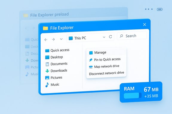Blue Windows File Explorer window with a RAM usage badge showing 67 MB (+35 MB).
