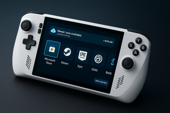 White handheld gaming device displaying game-store icons (Microsoft Store, Steam, Epic, GOG) on screen. White handheld gaming device displaying game-store icons (Microsoft Store, Steam, Epic, GOG) on screen.