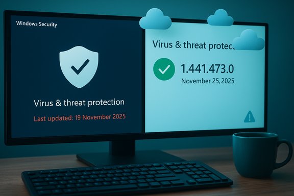 Windows Security dashboard shows Virus & threat protection with a shield icon and last update date on a desk monitor.