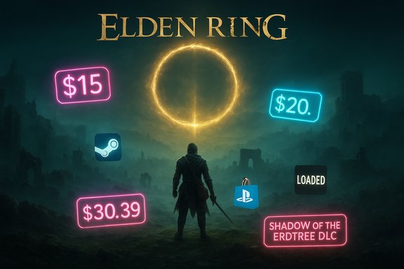 Elden Ring promo art: a lone warrior gazes at a glowing ring amid neon price tags and game icons.