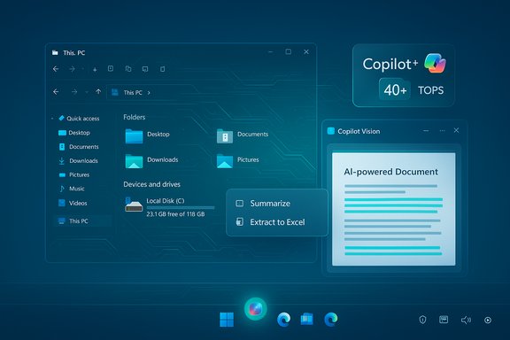 Futuristic blue Windows UI with Copilot+ AI tools and an AI-powered document panel.