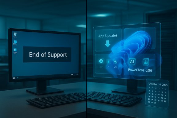 A computer monitor shows 'End of Support' with a translucent holographic app-update panel beside it.