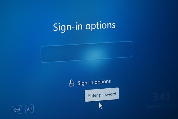 Blue Windows sign-in screen with a password field and Enter password button. Blue Windows sign-in screen with a password field and Enter password button.