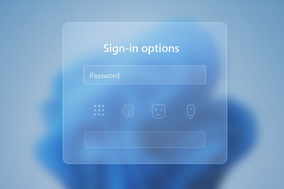 Blue frosted sign-in panel showing a Password field and multiple login options. Blue frosted sign-in panel showing a Password field and multiple login options.