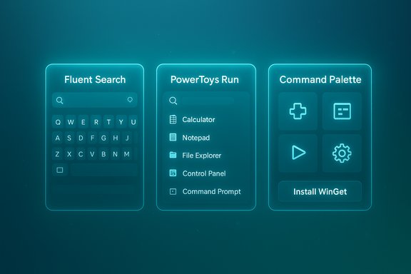 Neon teal UI panels showcasing Fluent Search, PowerToys Run, and Command Palette.