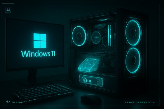 Windows 11 PC with glowing cyan fans and neon-lit gaming peripherals.