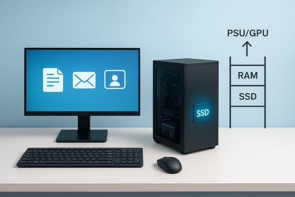 Sleek computer setup with monitor, keyboard, mouse, and a PC tower showing RAM/SSD in a schematic.
