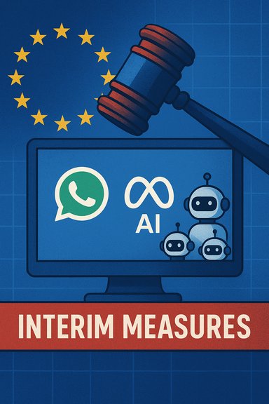 EU interim measures: a gavel over a monitor displaying AI, WhatsApp, and robots. EU interim measures: a gavel over a monitor displaying AI, WhatsApp, and robots.
