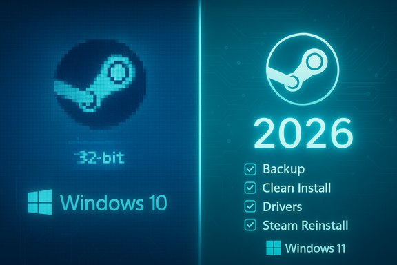 Blue holographic split-screen: Windows 10 (32‑bit) on the left and a 2026 Steam reinstall checklist on the right.