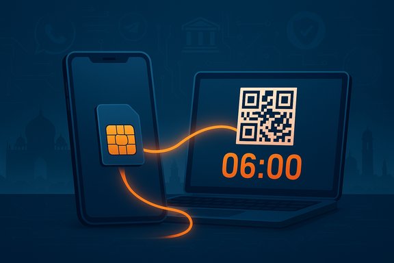 Smartphone with SIM links to a laptop displaying a QR code and a 06:00 timer for payment.