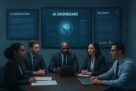 A diverse team of professionals reviews an AI dashboard on glowing screens in a high-tech conference room. A diverse team of professionals reviews an AI dashboard on glowing screens in a high-tech conference room.