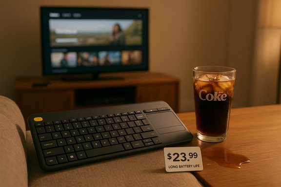 A compact wireless keyboard sits on a sofa next to a glass of Coke and a tag showing $23.99 for long battery life.