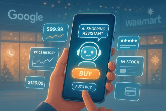 Smartphone displays an AI shopping assistant with a large Buy button and price/stock panels.