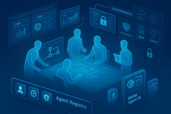 A team of holographic figures around a table reviews security and governance dashboards.