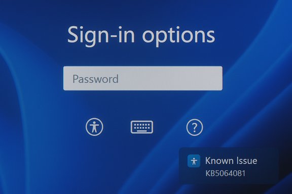 Windows sign-in screen featuring a Password field and a Known Issue KB5064081 notice. Windows sign-in screen featuring a Password field and a Known Issue KB5064081 notice.