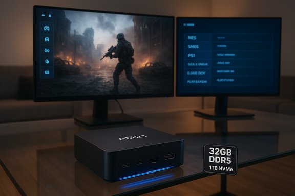 Compact black mini PC on a glass desk with dual monitors, left displaying a war-game scene.
