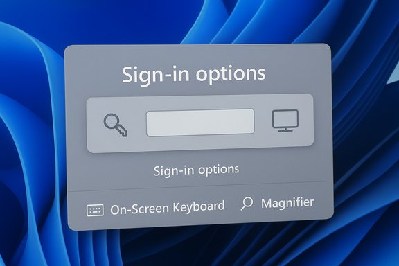 Sign-in options panel with a password field, key and monitor icons on a blue abstract background. Sign-in options panel with a password field, key and monitor icons on a blue abstract background.