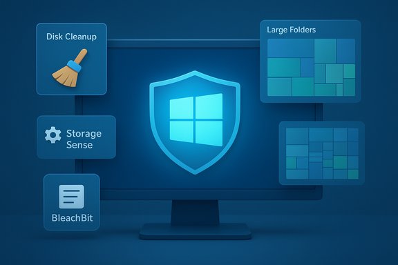 Blue Windows-themed monitor with a shield icon and floating cleanup and storage icons.