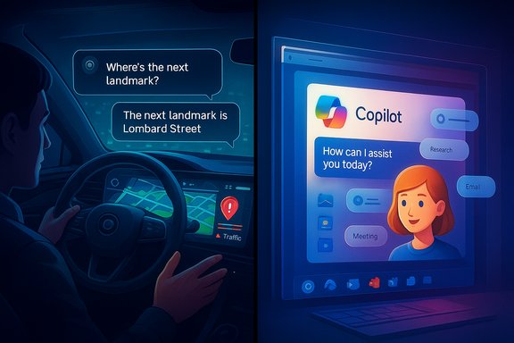 Driver asks for the next landmark while Copilot AI points to Lombard Street on a large screen.