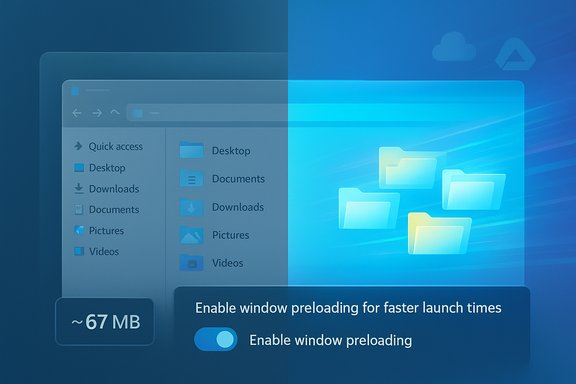 Windows-style desktop UI showing a 'Enable window preloading' toggle. Windows-style desktop UI showing a 'Enable window preloading' toggle.