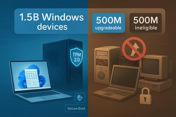 Split infographic: 1.5B Windows devices; 500M upgradeable, 500M ineligible.