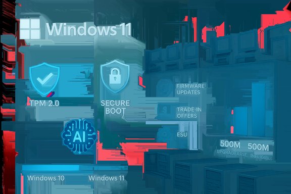 Windows 11 features: TPM 2.0, Secure Boot, AI, firmware updates, and upgrade options.