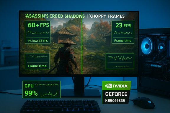 A gaming monitor shows a side-by-side FPS comparison of Assassin's Creed: Shadows vs Choppy Frames.