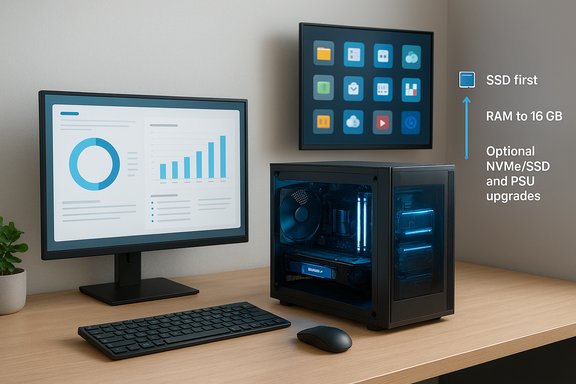 Modern desk setup with a blue-lit PC tower, monitor, keyboard, and an upgrade infographic on the wall.