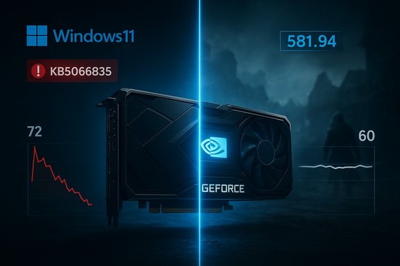Windows 11 promo art featuring a GeForce graphics card, a glowing blue divider, and performance charts.