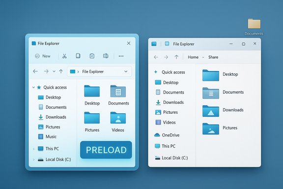 Two File Explorer panels on a blue desktop, displaying folders like Desktop, Documents, Downloads, Pictures, Videos.