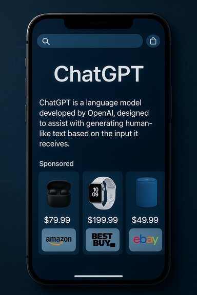 A dark iPhone screen displays ChatGPT intro text with sponsored deals from Amazon, Best Buy, and eBay.