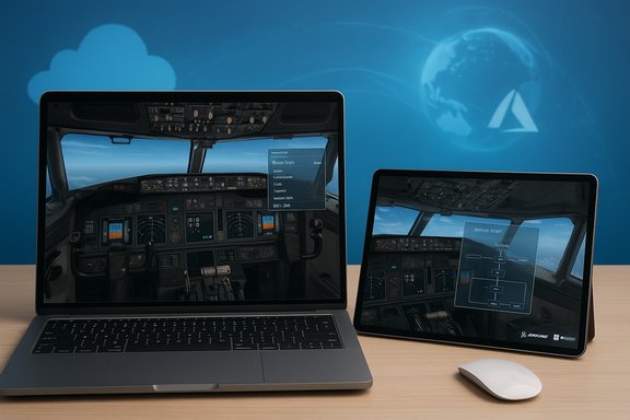 Laptop and tablet display a realistic airplane cockpit in a flight-simulator setup.