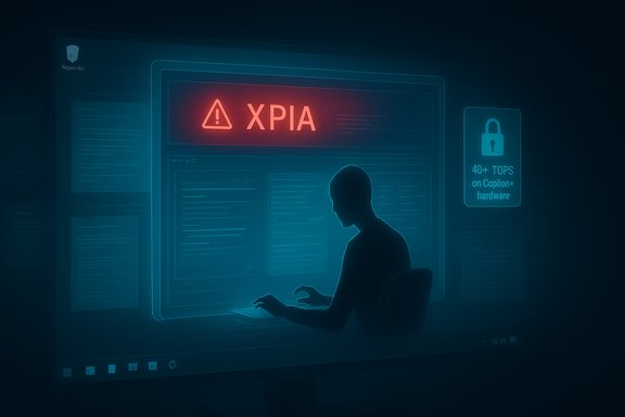 A silhouetted coder sits before a large neon-blue screen displaying a red warning “XPIA.”